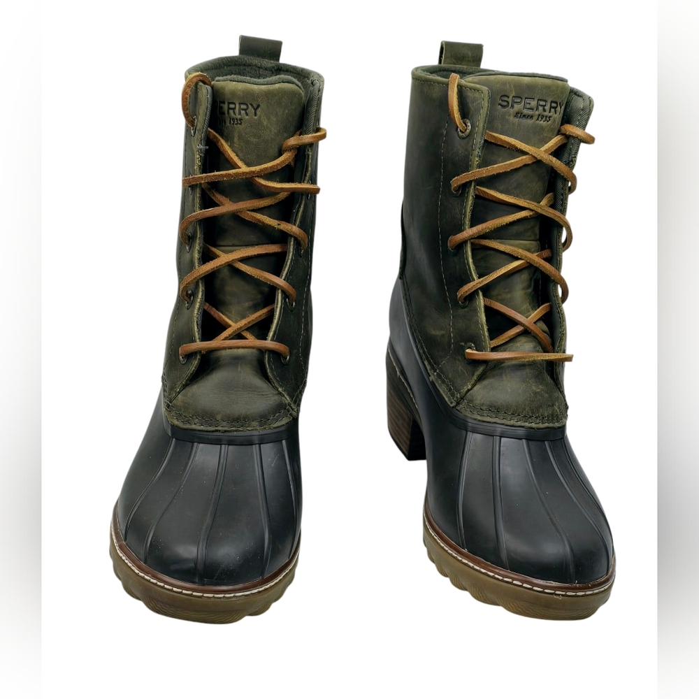 Sperry Saltwater Olive Green Brown Heel Rain Duck Boots Women's 11